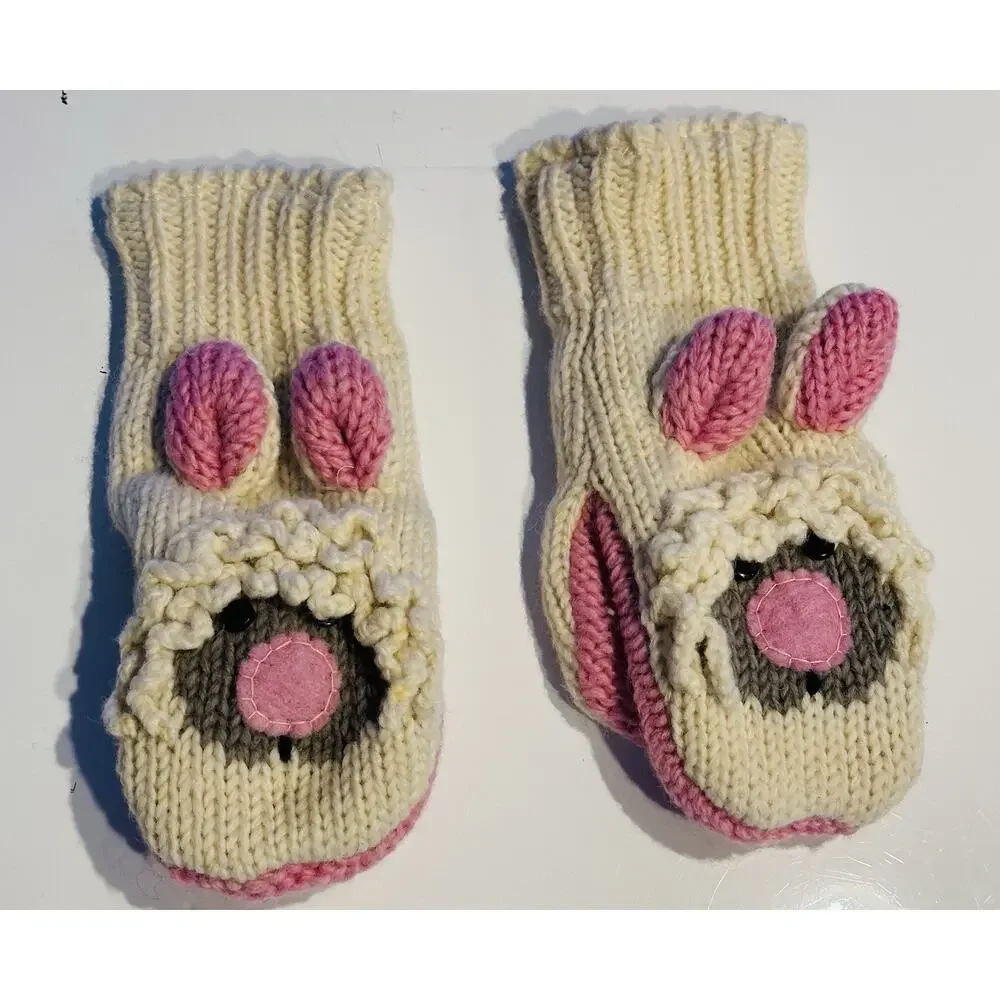 Lost Horizon Bunny Mittens knit Wool Cream pink puppet Hat W/ Pompom Winter Cozy